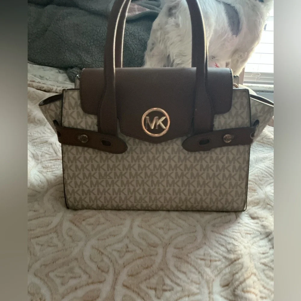 Michael Kors MK Logo Satchel • Brown & Tan • Structured Handbag